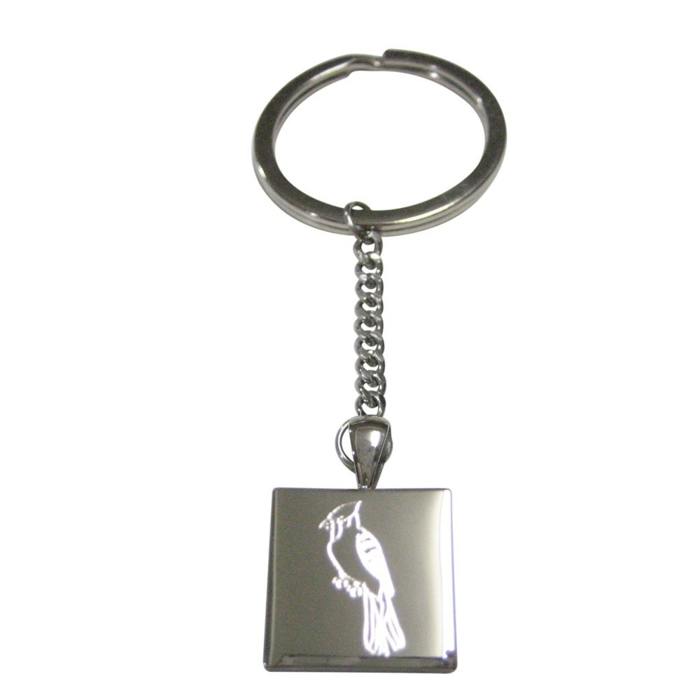 Silver Toned Square Etched Blue Jay Bird Pendant Keychain
